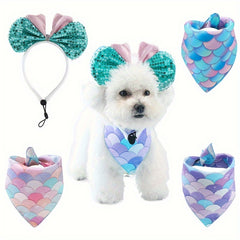 2-piece pet summer mermaid shape decorative scarf + headband two-piece set fantasy mermaid pearl decoration pet clothing accessories props