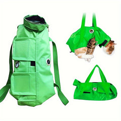 Bright Green Nylon Cat Harness Backpack Sling | Adjustable Foldable Travel Carrier – Safe Comfortable Design for Grooming, Vet Visits & Medication Management
