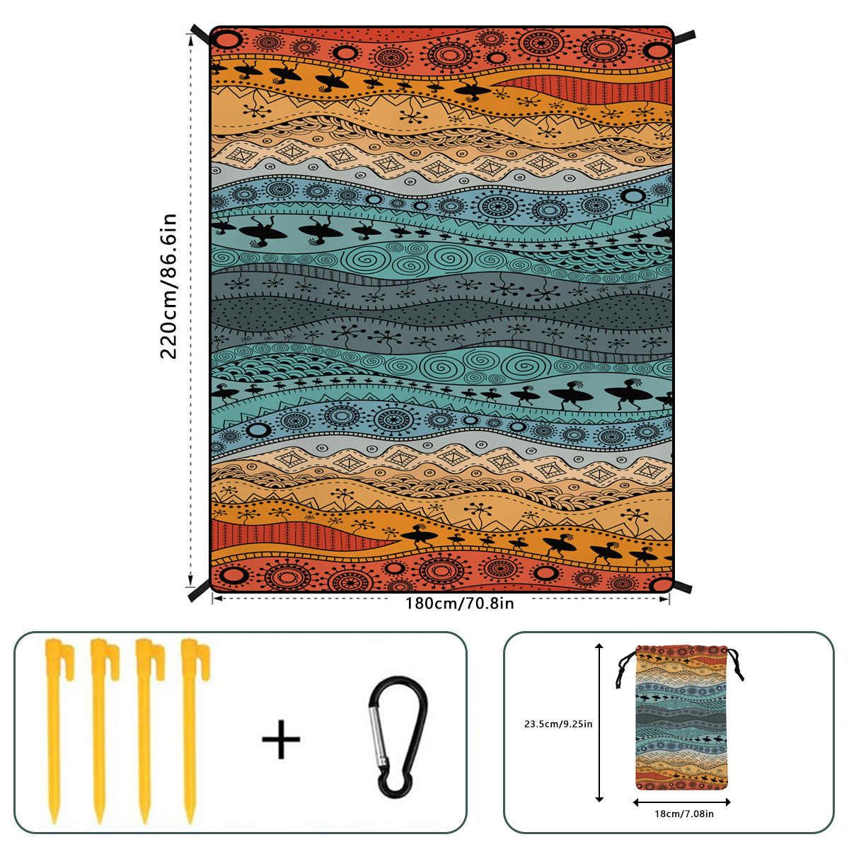 [Bohemian waterproof and sand-proof beach mat] Extra large portable and foldable | With hooks & ground nails & storage bag | Essential for summer outdoor travel and camping