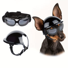 Dog Helmet & Goggles Set | Adjustable Nylon Strap UV Windproof Dustproof Pet Safety Gear – Motorcycle-Style with Ear Holes for Outdoor Adventures