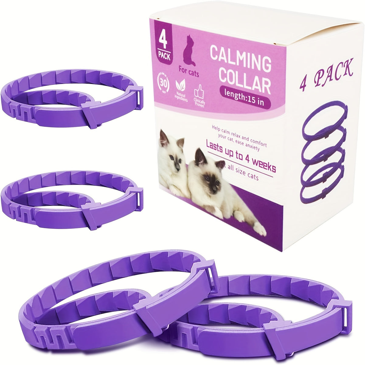 4-Pack Calming Pheromone Collars for Cats & Kittens | Effective Feline Relaxing Aid – Adjustable Comfort Fit for Small, Medium & Large Cats