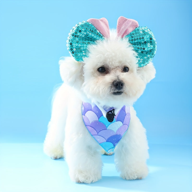 2-piece pet summer mermaid shape decorative scarf + headband two-piece set fantasy mermaid pearl decoration pet clothing accessories props