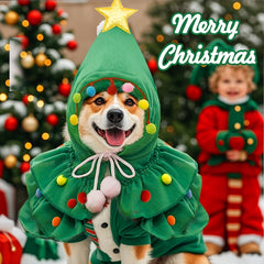 Christmas Tree Pet Cape - Funny Holiday Cloak for Small & Medium Cats & Dogs, Cute Pet Costume