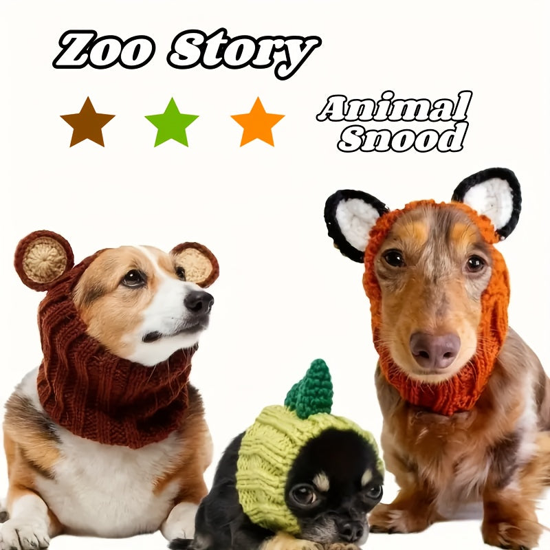 Dinosaur, fox, brown bear cartoon knitted pet hat. Windproof and warm in all seasons. Soft and elastic. Hand wash only. Suitable for small, medium and large dogs and cats. Durable pet costume for Christmas and Halloween.