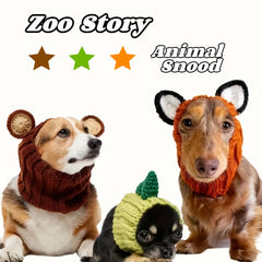 Dinosaur, fox, brown bear cartoon knitted pet hat. Windproof and warm in all seasons. Soft and elastic. Hand wash only. Suitable for small, medium and large dogs and cats. Durable pet costume for Christmas and Halloween.
