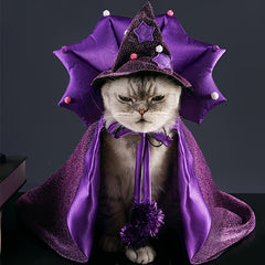 Pet Halloween Wizard Cape & Star Hat Set | Magical Cosplay Costume for Cats & Dogs – Spooky Party Outfit