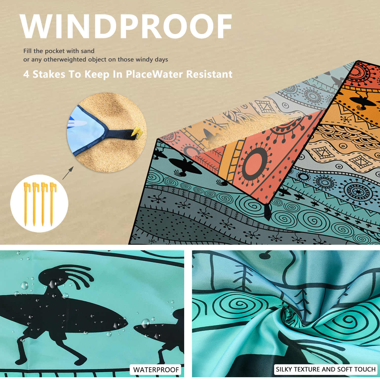 [Bohemian waterproof and sand-proof beach mat] Extra large portable and foldable | With hooks & ground nails & storage bag | Essential for summer outdoor travel and camping
