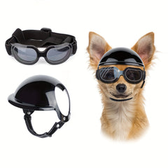 Dog Helmet & Goggles Set | Adjustable Nylon Strap UV Windproof Dustproof Pet Safety Gear – Motorcycle-Style with Ear Holes for Outdoor Adventures