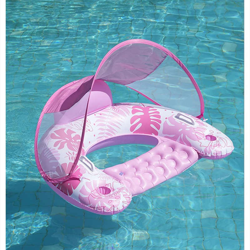 Inflatable Pool Float with Canopy - Oversized Water Lounger with Cup Holder