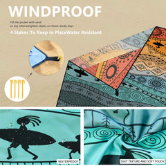 [Bohemian waterproof and sand-proof beach mat] Extra large portable and foldable | With hooks & ground nails & storage bag | Essential for summer outdoor travel and camping