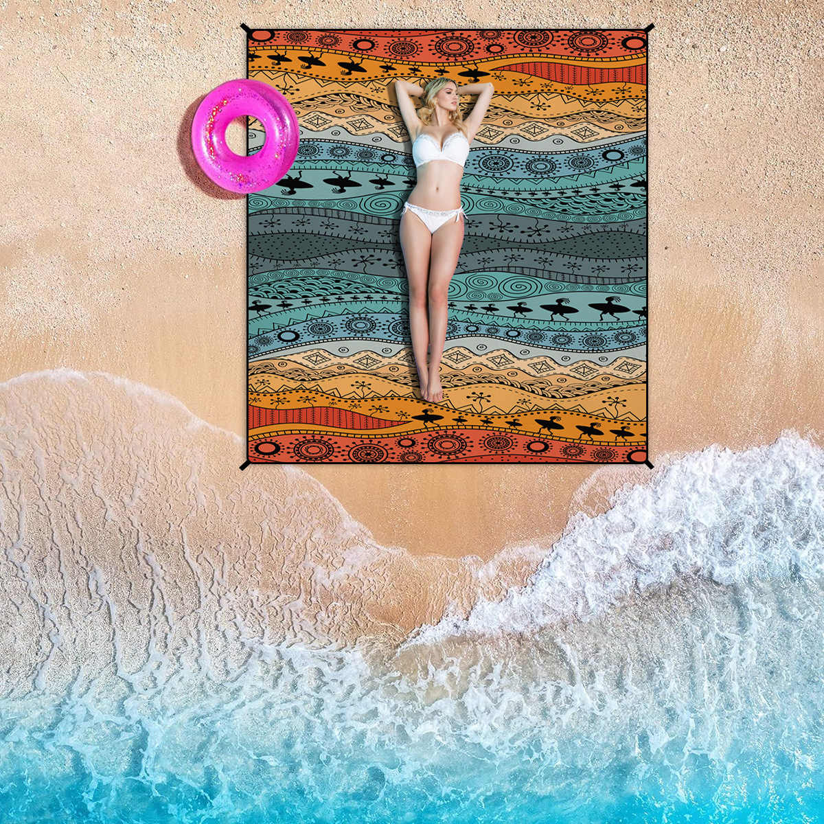 [Bohemian waterproof and sand-proof beach mat] Extra large portable and foldable | With hooks & ground nails & storage bag | Essential for summer outdoor travel and camping