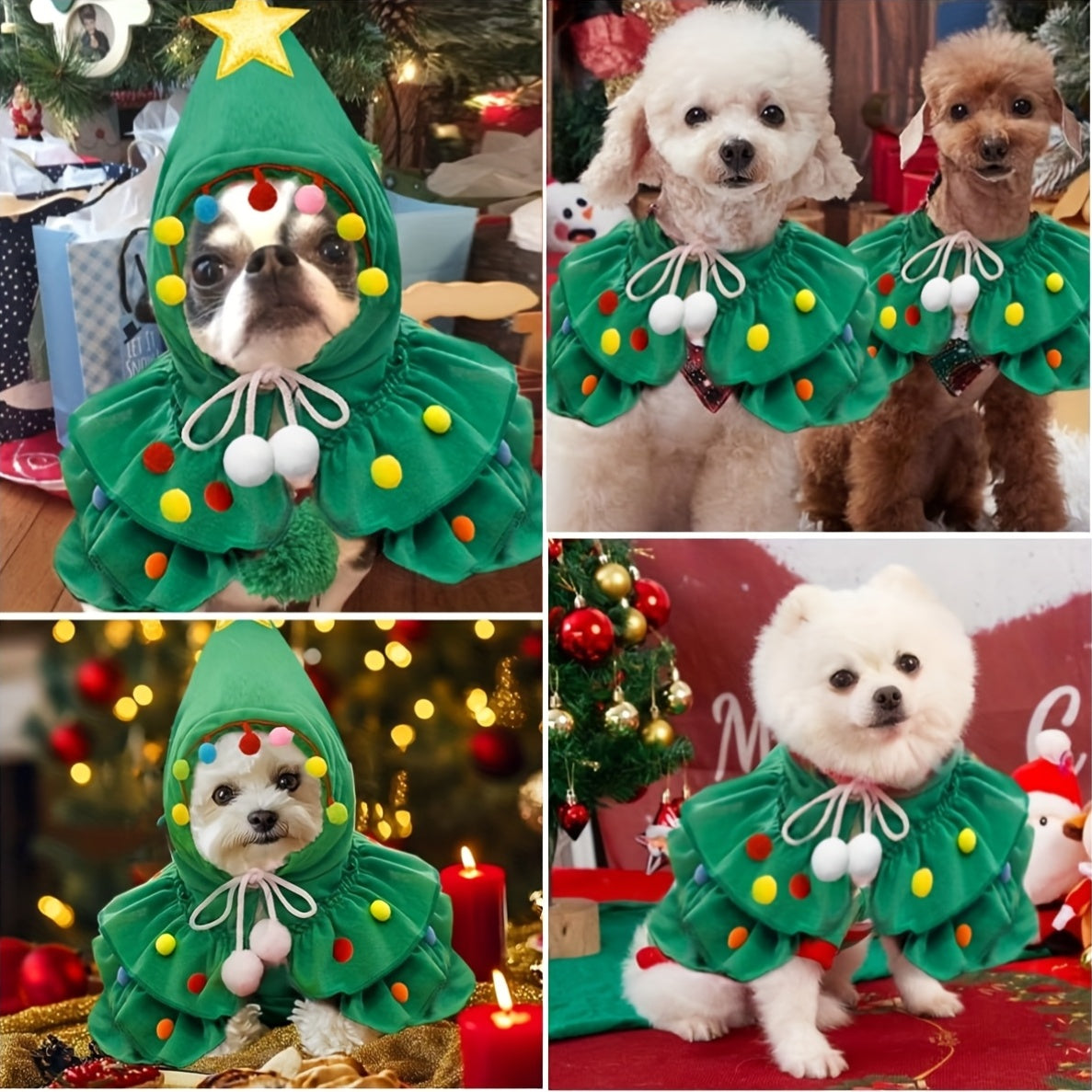 Christmas Tree Pet Cape - Funny Holiday Cloak for Small & Medium Cats & Dogs, Cute Pet Costume