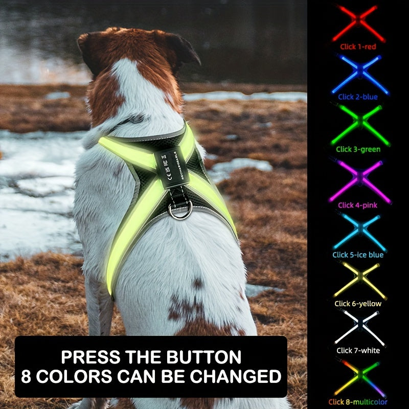 8-Color USB Rechargeable LED Dog Vest | Reflective Yellow Safety Harness with Flashing Lights & Adjustable Straps – For Medium to Large Dogs