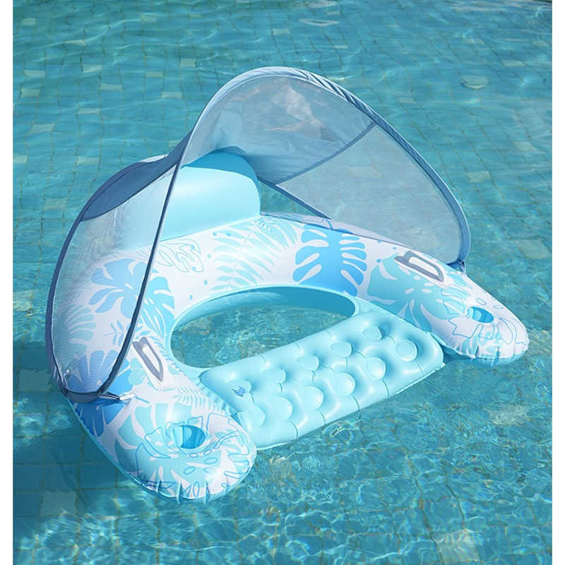 Inflatable Pool Float with Canopy - Oversized Water Lounger with Cup Holder