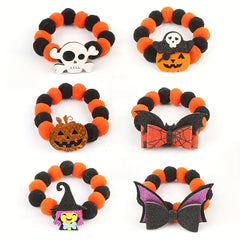 6-Piece Halloween Pet Collar Set | Quirky Pumpkin Decor with Elastic Rope Pom Pom Necklaces & Cat Scarves – Fun Spooky Accessories for Dogs & Cats