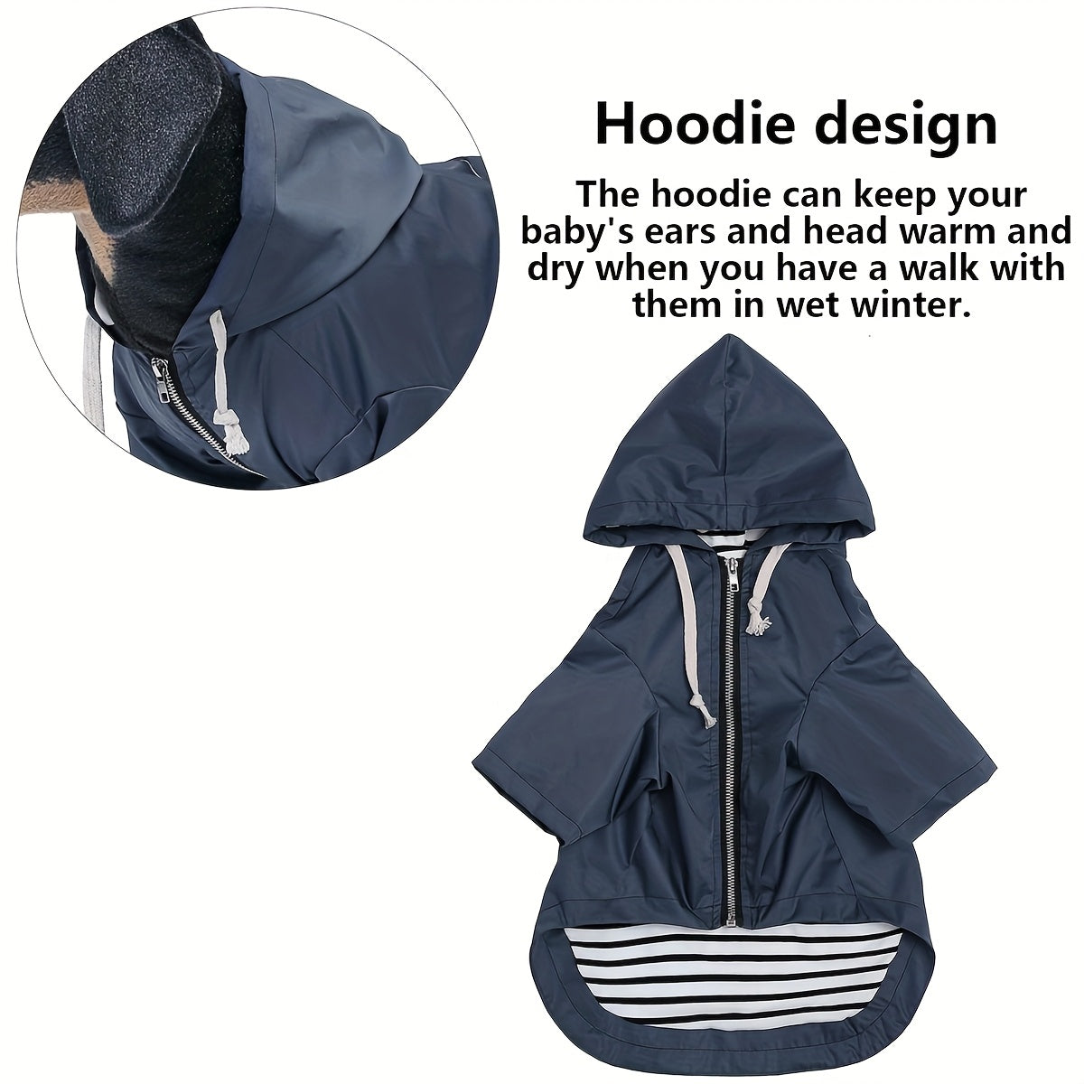 Stylish Premium Blue Dog Raincoat | Waterproof Zipper Jacket with Reflective Buttons, Adjustable Drawstring & Pocket – Striped Pattern for Small to Large Breeds