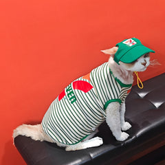 Summer Sleeveless Cat Vest with Hat Set | Air-Conditioned Shirt for Sphynx & Devon Rex – Bold 7-Letter Print for Small to Medium Cats