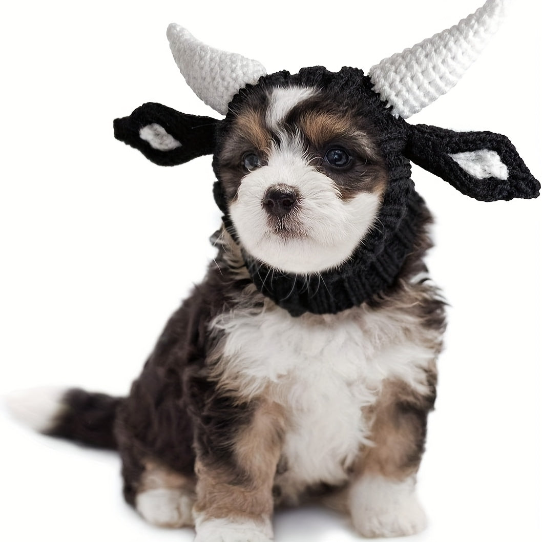 Black cow style comfortable warm windproof Halloween knitted pet dog hat American bison dress pet dog earmuffs Christmas warm accessories