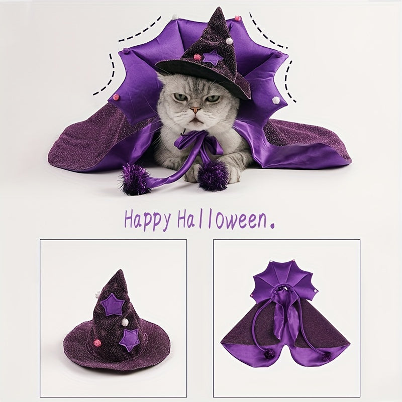 Pet Halloween Wizard Cape & Star Hat Set | Magical Cosplay Costume for Cats & Dogs – Spooky Party Outfit