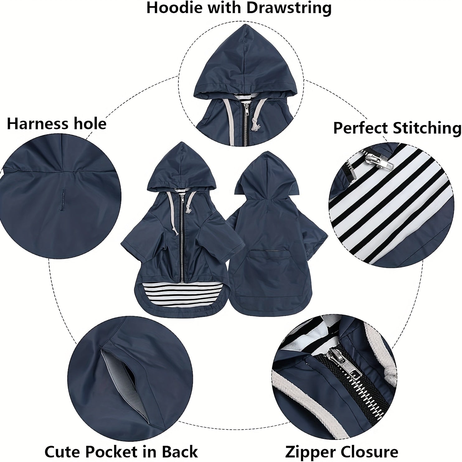 Stylish Premium Blue Dog Raincoat | Waterproof Zipper Jacket with Reflective Buttons, Adjustable Drawstring & Pocket – Striped Pattern for Small to Large Breeds