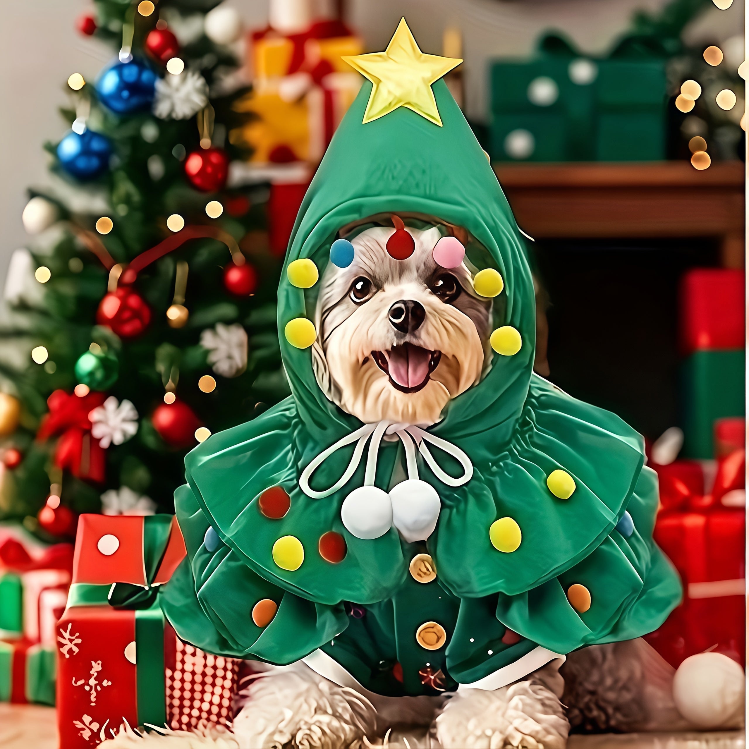 Christmas Tree Pet Cape - Funny Holiday Cloak for Small & Medium Cats & Dogs, Cute Pet Costume