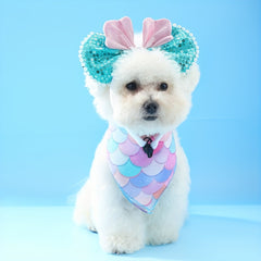 2-piece pet summer mermaid shape decorative scarf + headband two-piece set fantasy mermaid pearl decoration pet clothing accessories props