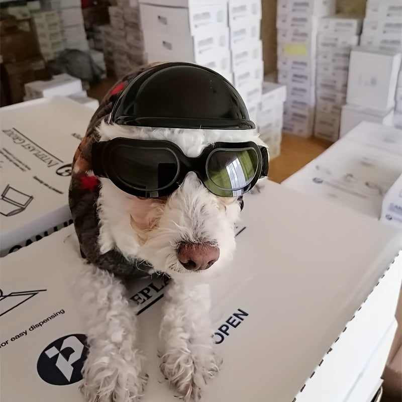Dog Helmet & Goggles Set | Adjustable Nylon Strap UV Windproof Dustproof Pet Safety Gear – Motorcycle-Style with Ear Holes for Outdoor Adventures