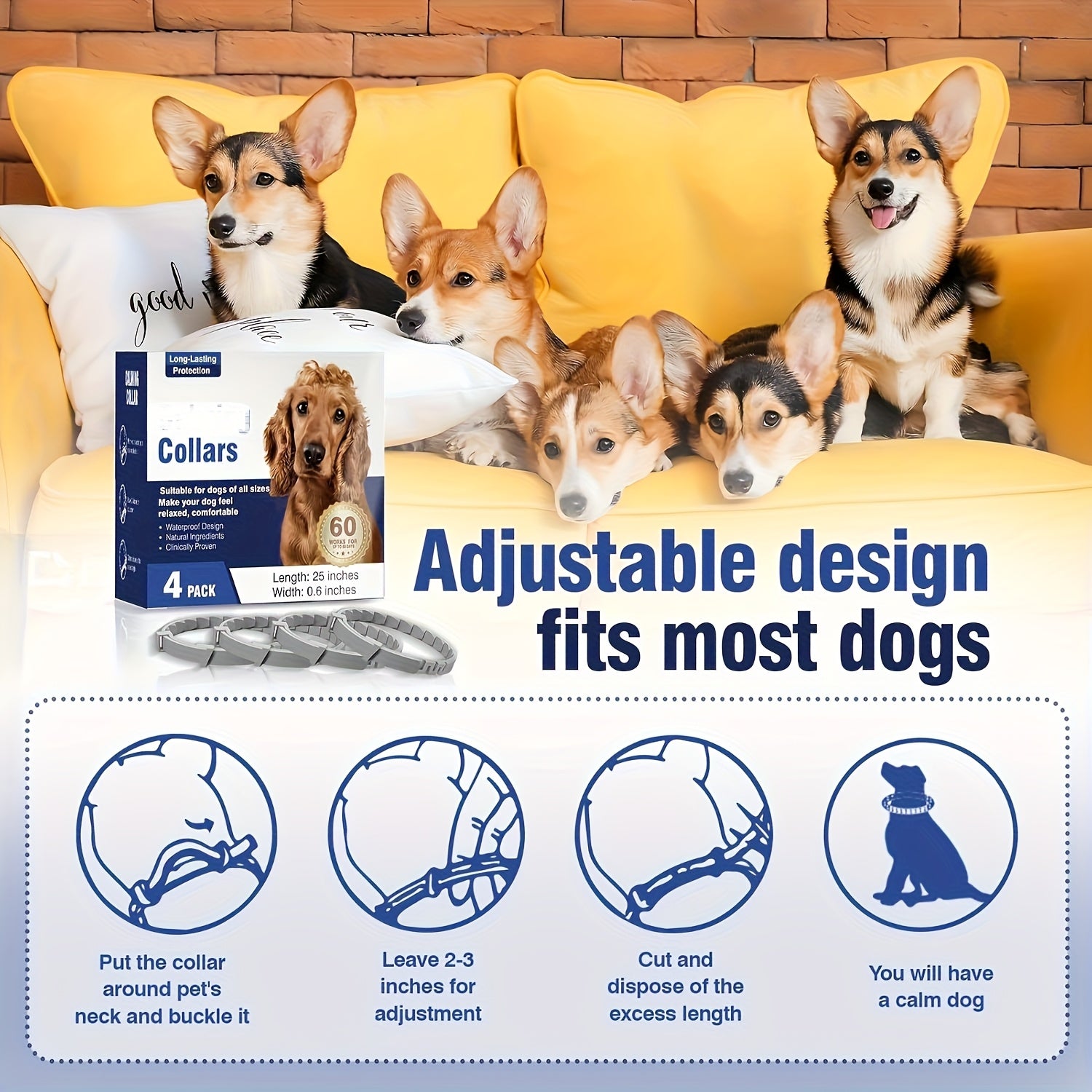 4-Pack Dog Calming Pheromone Collar Set | Anxiety & Stress Relief for Separation & Bad Behavior – Adjustable 60-Day Lasting Fit for Small, Medium & Large Breeds