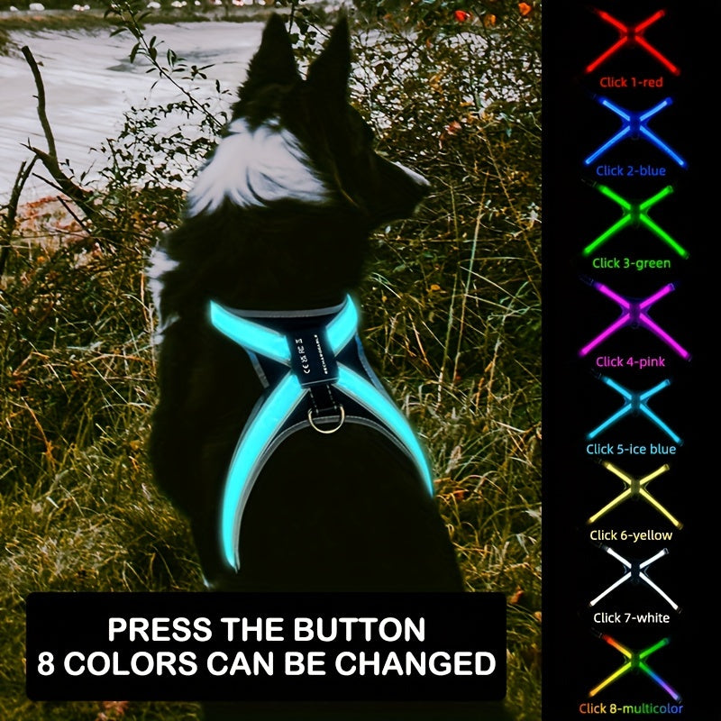 8-Color USB Rechargeable LED Dog Vest | Reflective Yellow Safety Harness with Flashing Lights & Adjustable Straps – For Medium to Large Dogs