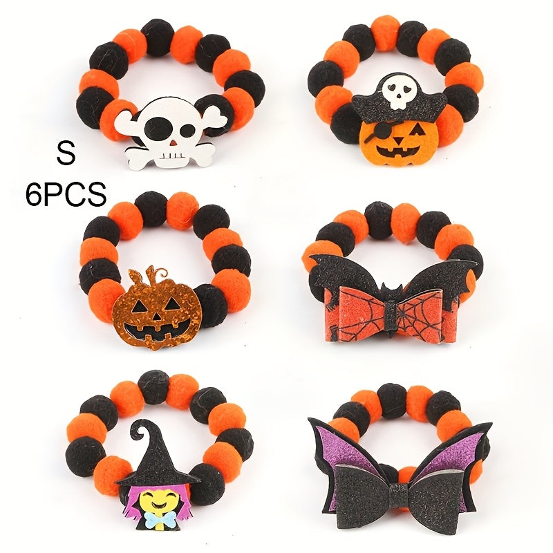 6-Piece Halloween Pet Collar Set | Quirky Pumpkin Decor with Elastic Rope Pom Pom Necklaces & Cat Scarves – Fun Spooky Accessories for Dogs & Cats