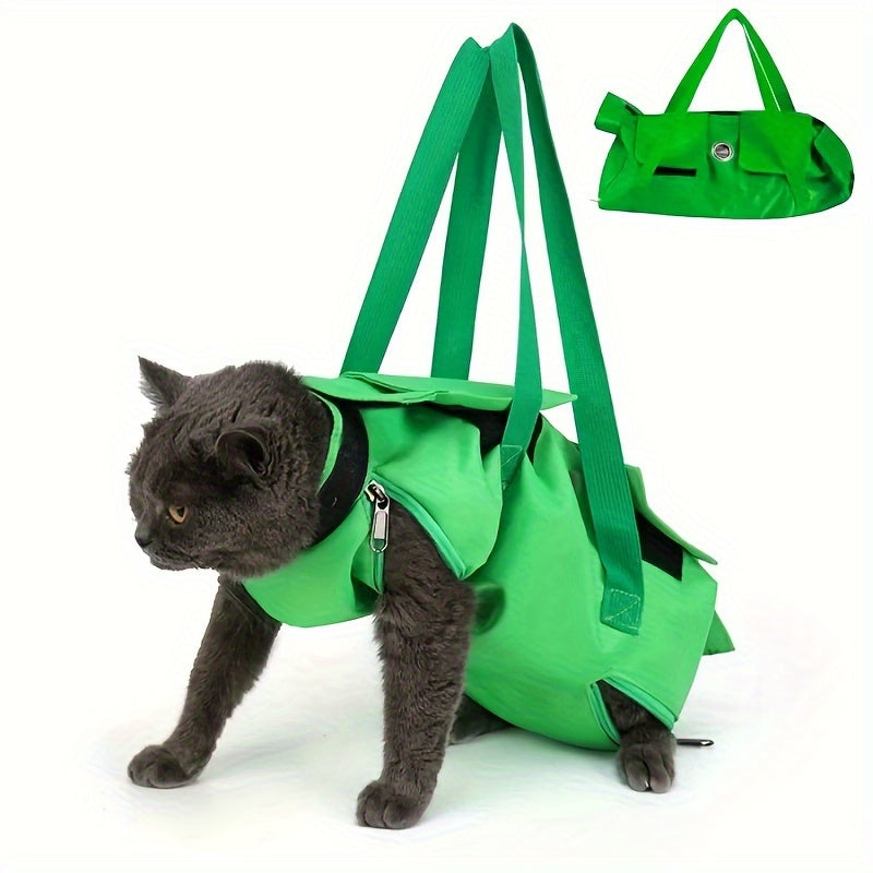 Bright Green Nylon Cat Harness Backpack Sling | Adjustable Foldable Travel Carrier – Safe Comfortable Design for Grooming, Vet Visits & Medication Management