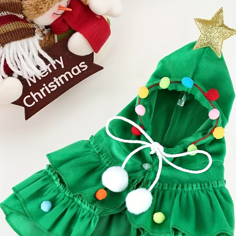 Christmas Tree Pet Cape - Funny Holiday Cloak for Small & Medium Cats & Dogs, Cute Pet Costume