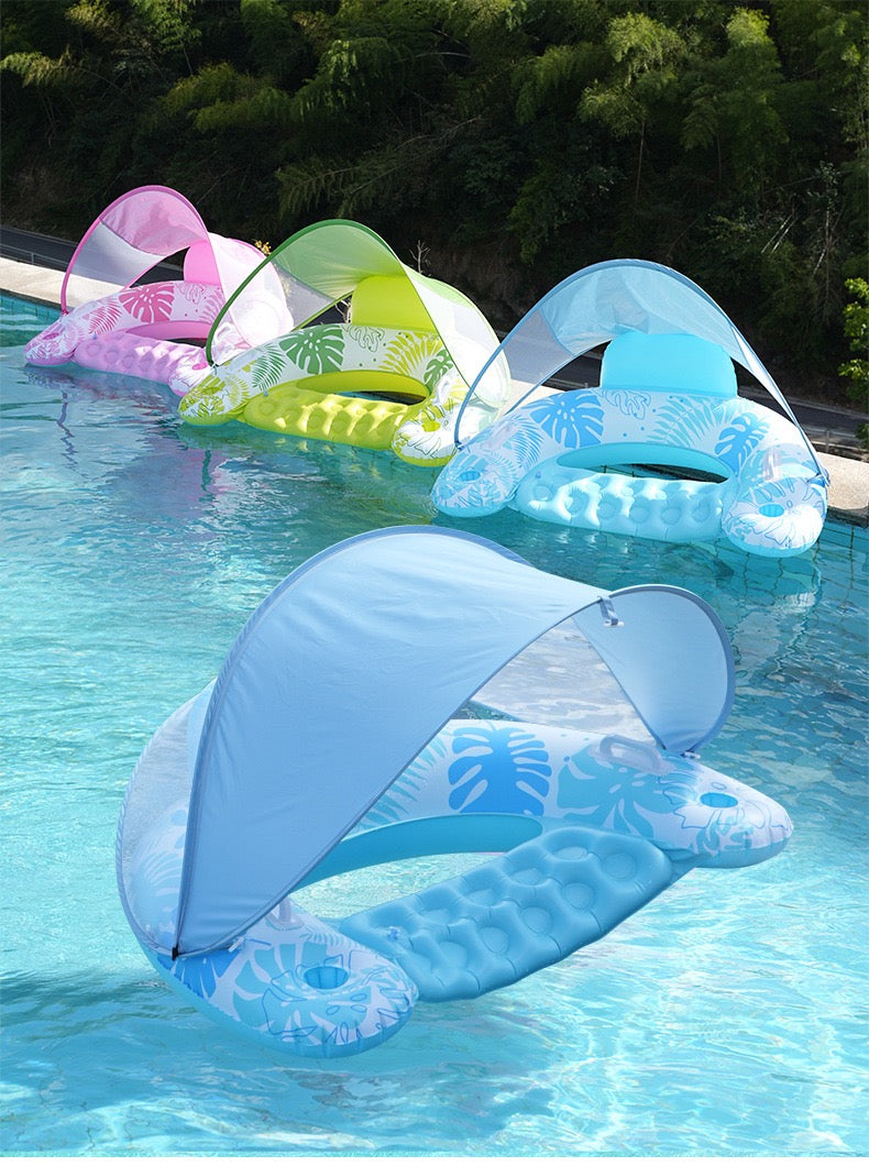 Inflatable Pool Float with Canopy - Oversized Water Lounger with Cup Holder