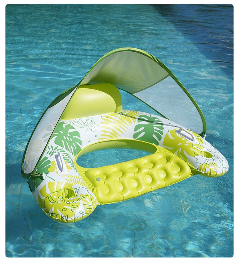 Inflatable Pool Float with Canopy - Oversized Water Lounger with Cup Holder