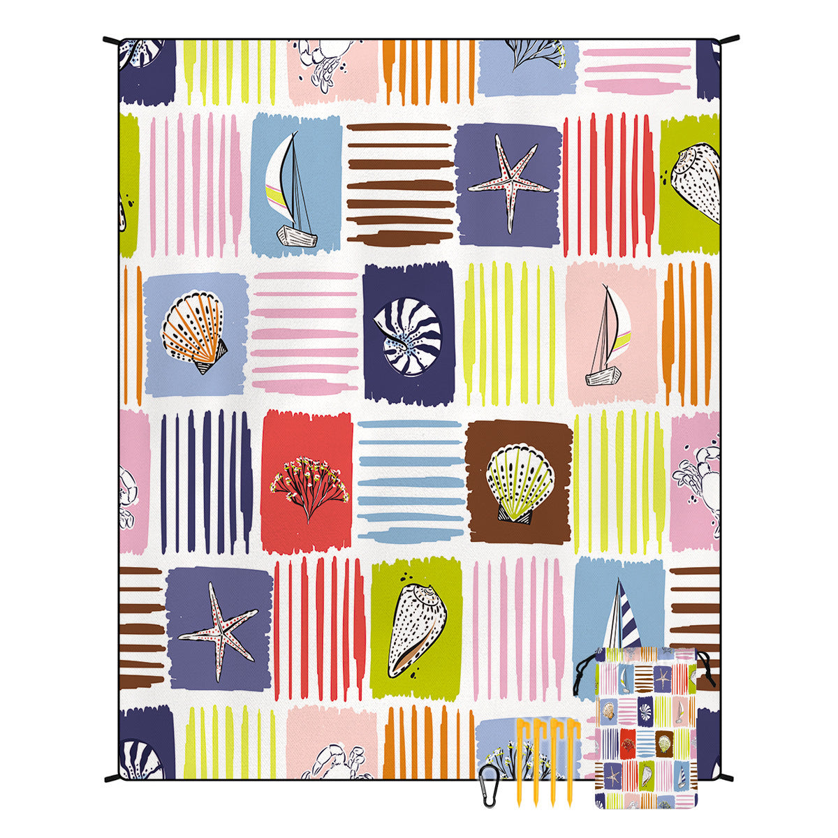 [Bohemian waterproof and sand-proof beach mat] Extra large portable and foldable | With hooks & ground nails & storage bag | Essential for summer outdoor travel and camping
